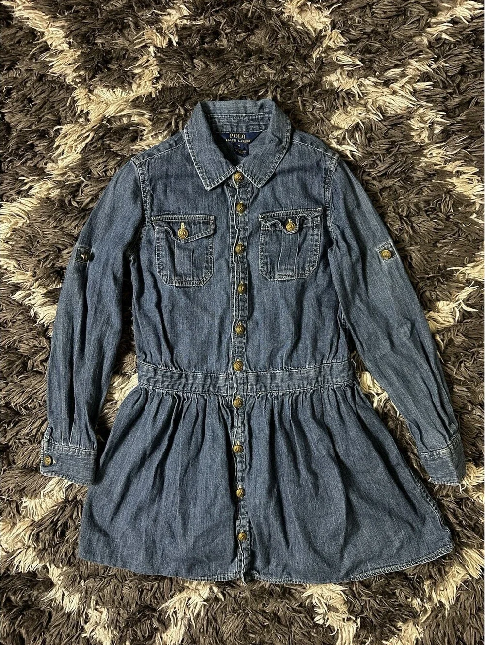 Polo Ralph Lauren Girls Denim Dress Button Front Long Sleeve Blue Size 8